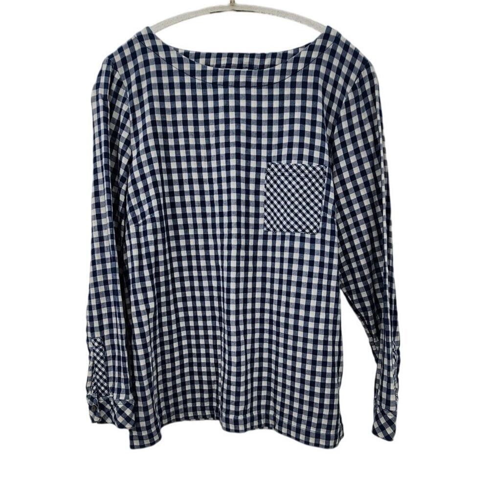 J. Jill Gingham Print Blue White 100% Cotton Long Sleeve Medium Button Back